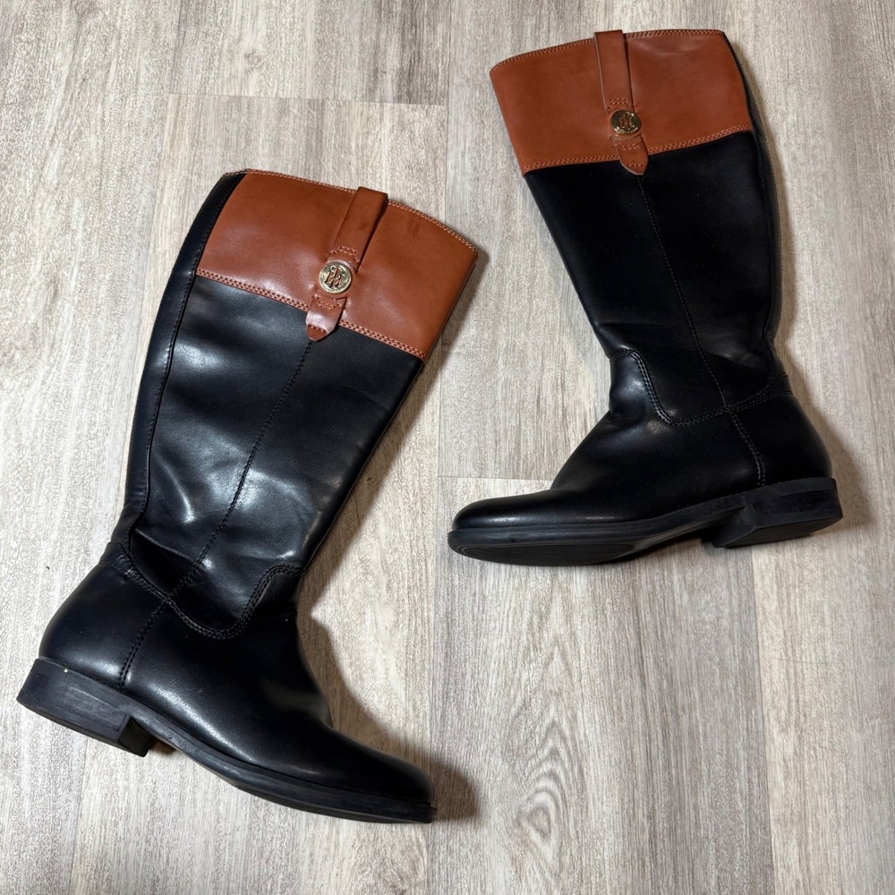 Tommy Hilfiger Riding Boots‎ Women's Size 7M Black Brown Leather